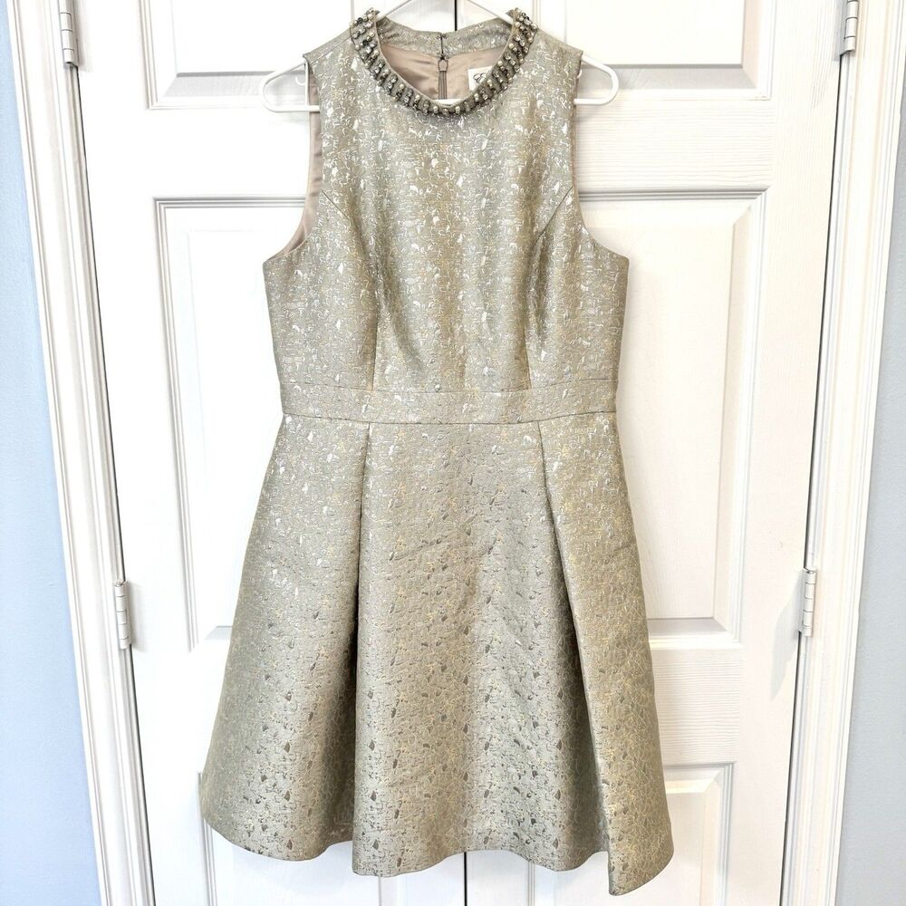 Eliza J Gold Metallic Jacquard Fit & Flare Cocktail Party Dress Beaded Sz 14 - Picture 2 of 10